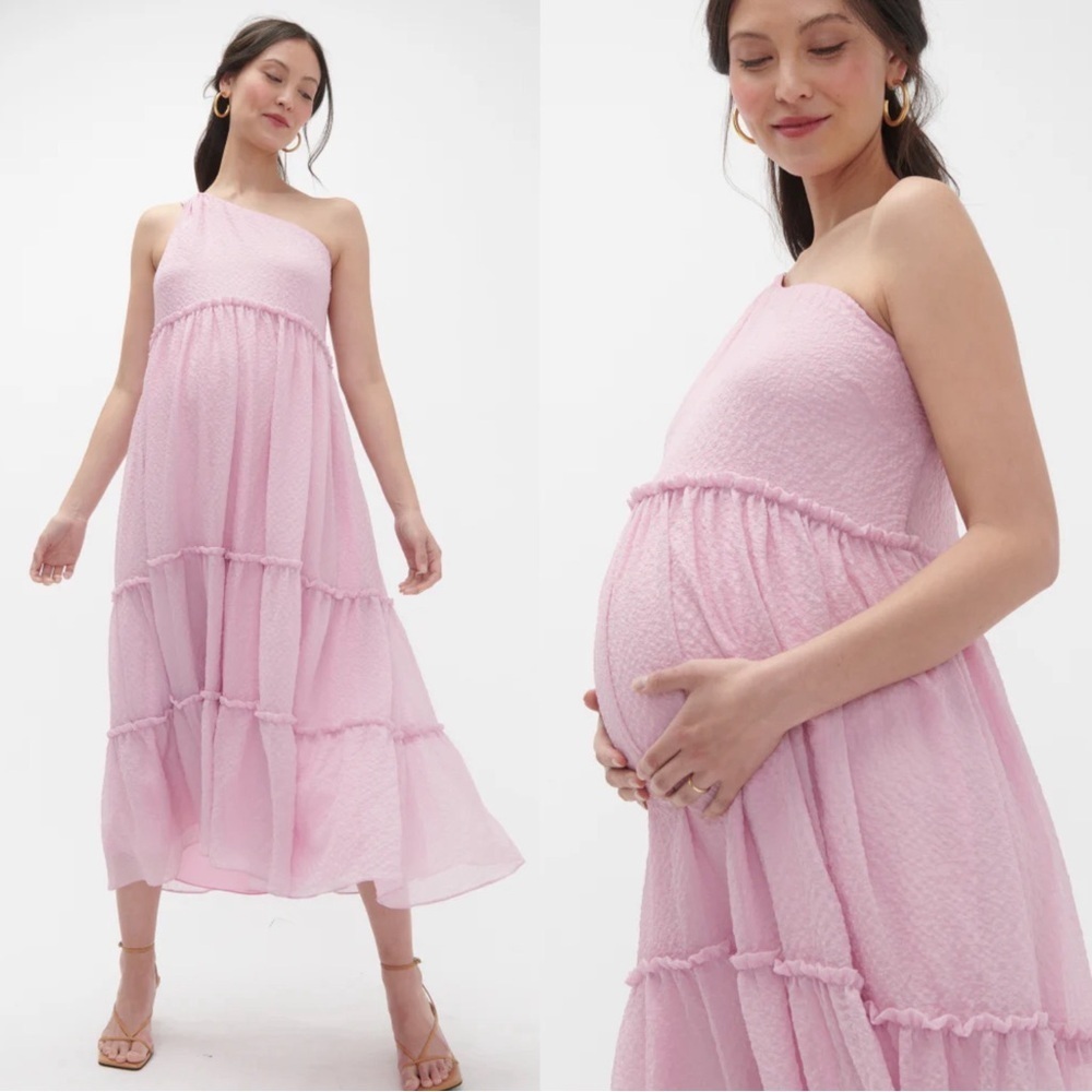 HATCH • The Joy Maternity Dress in Lilac pink one shoulder tiered midi flowy